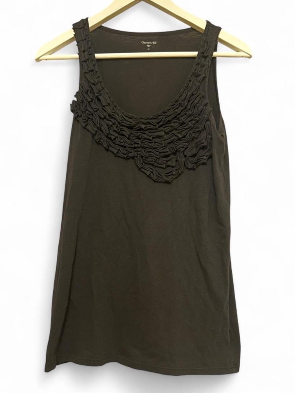 🖤Garnet Hill Black Ruffled Embellished Scoop Neck Pima Cotton Tank